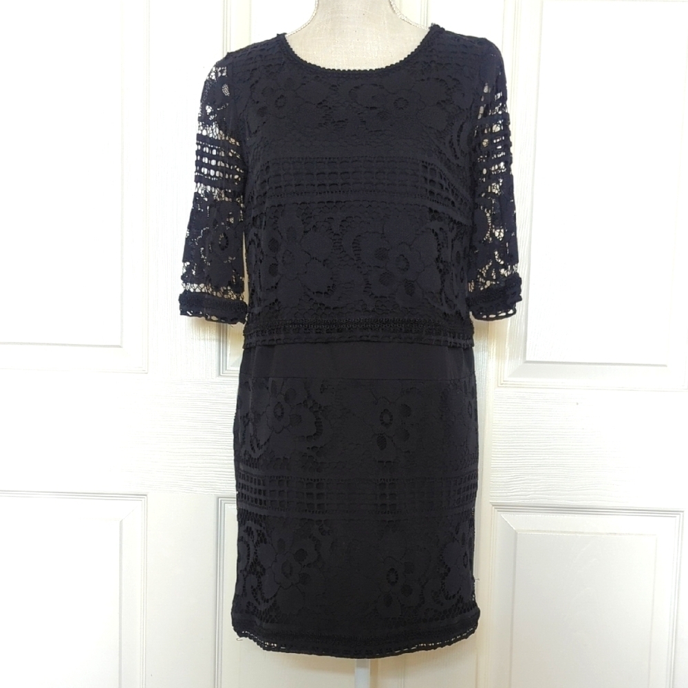 Sea New York Black Cotton Guipure Lace Sleeve Mini Dress - Picture 1 of 6